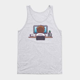 Cute Man Working On Computer With Coffee Cartoon Tank Top